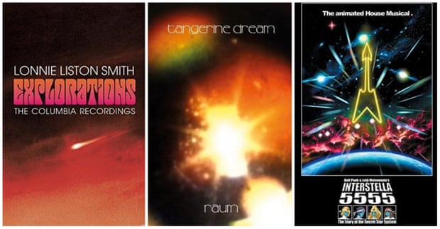 three side by side album covers with space imagery