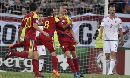 Andorra midfielder Marc Rebes (centre, No4) celebrates his goal against Hungary.