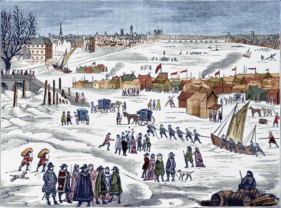 A woodcut illustration of the 1684 frost fair on the River Thames in London.