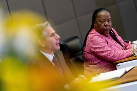 South Africa’s foreign minister Naledi Pandor (R) looks across as US secretary of state Antony Blinken (L) during their news conference in Pretoria.