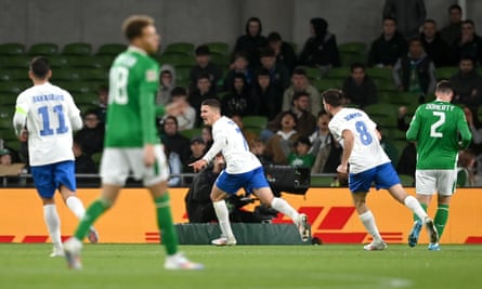 Christos Tzolis of Greece celebrates after scoring the opening goal at the Aviva Stadium.