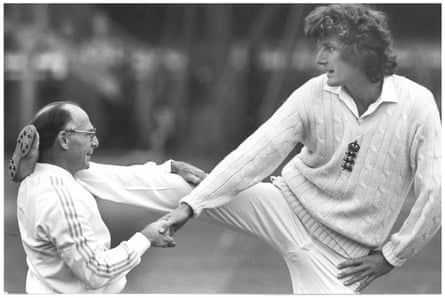 The cricketer Bob Willis with the physio Bernard Thomas, Edgbaston, 1979.