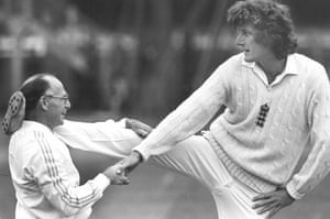England physio Bernard Thomas helps Willis limber up before the first Test match against India at Edgbaston in July 1979.