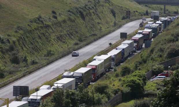 Traffic stands stationary in a traffic jam on the main road leading into the port of Dover in 2016