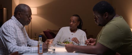 Jean-Baptiste in Hard Truths with David Webber as her husband, Curtley, and Tuwaine Barrett as her son, Moses