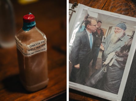 Side-by-side images of a bottle of brown well water, and a binder with a photo of two men speaking