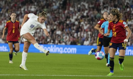 Georgia Stanway scores England’s second goal during the Women Euro 2022 quarter-final against Spain.