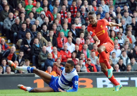 Raheem Sterling scores for Liverpool against Reading at Anfield in 2012.
