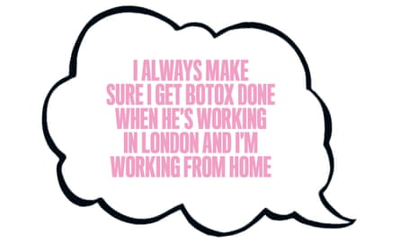 a speech bubble with the words: I always make sure I get Botox done when he's working in London and I'm working from home