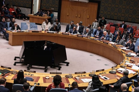 Members of the UN Security Council listen as Amir-Saeid Iravani, Iran's ambassador to the UN, speaks during a meeting regarding the war.