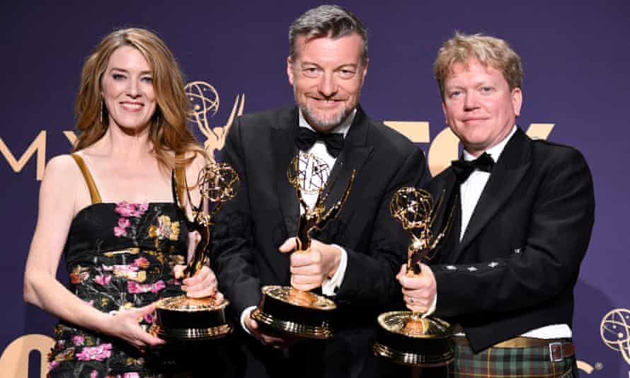 ‘It’s nice but it’s also sort of meaningless’ … producers Annabel Jones, Charlie Brooker and Russell McLean in 2019 with their Emmy awards for Black Mirror: Bandersnatch.