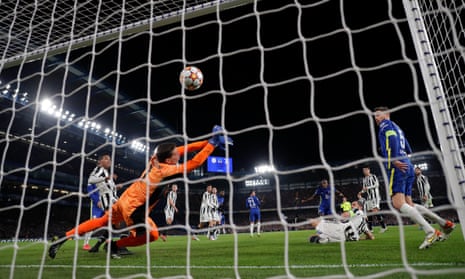 Trevoh Chalobah scores the opening goal for Chelsea in their victory against Juventus at Stamford Bridge.