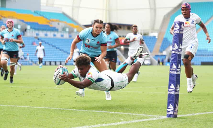 Vitalina Naikore of the Fijiana Drua scores a try during a Super W Round 5 rugby match between Fijiana Drua and NSW Waratahs.