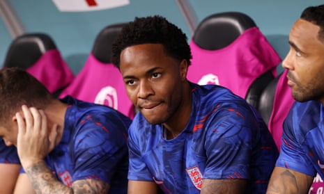 Raheem Sterling on the bench before the World Cup match against Wales in Qatar