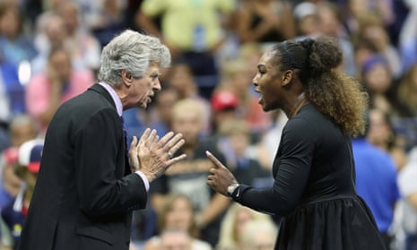 Serena Williams remonstrates with Brian Earley, the US Open referee, after her clash with the umpire Carlos Ramos during her final defeat to Naomi Osaka
