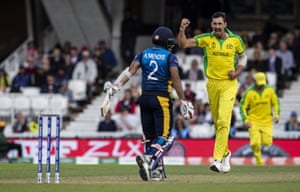 Mitchell Starc celebrates after taking the wicket of Kusal Mendis.