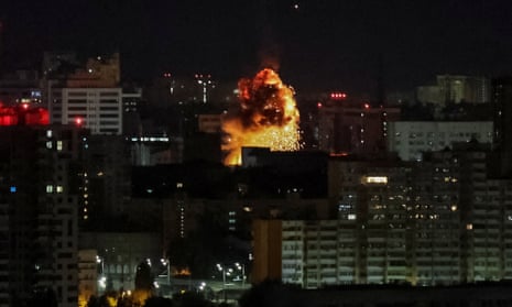 An explosion during an overnight Russian drone strike in Kyiv.