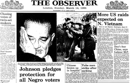 President Johnson pledges protection for voters and Selma march, Observer front page 14 March 1965.
