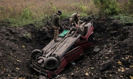 A destroyed car near Prudyanka, Kharkiv region.