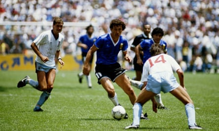 Jorge Valdano runs at England’s Terry Fenwick during the 1986 World Cup quarter-final