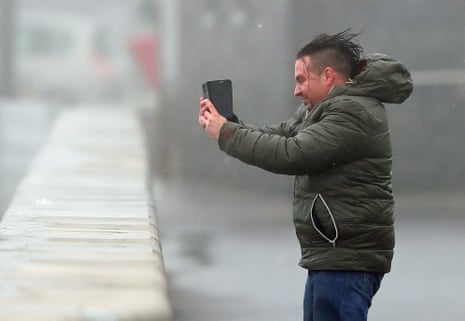 Autumn weather Oct 16th 2017A man take selfies in waves and high wind at Lahinch in County Clare on the West Coast of Ireland as Hurricane Ophelia hits the UK and Ireland with gusts of up to 80mph. PRESS ASSOCIATION Photo. Picture date: Monday October 16, 2017. The tropical storm has made its way across the Atlantic and Ophelia’s remnants reached home shores on Monday, resulting in “exceptional” weather - exactly 30 years after the Great Storm of 1987 killed 18 people. See PA story WEATHER Ophelia. Photo credit should read: Niall Carson/PA Wire