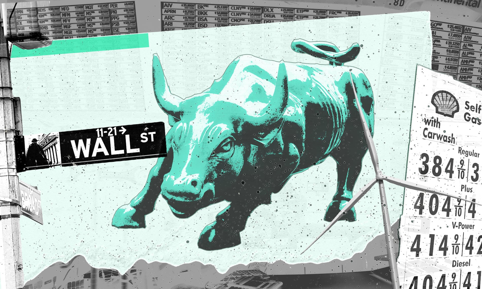 Composite of Wall Street bull and Wall Street sign.