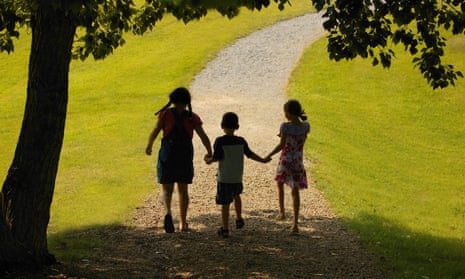 Three children walking on a path