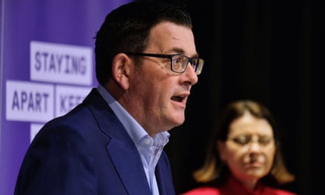 Victorian premier Daniel Andrews and state health minister Jenny Mikakos speak to the media in Melbourne on Saturday