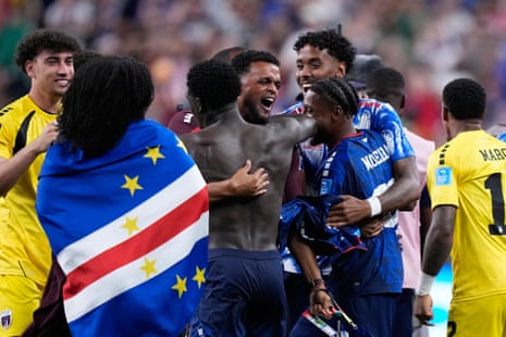 Cape Verde players celebrate after the World Cup Group H soccer match between Cape Verde and Saudi Arabia in Houston, Friday, June 26, 2026. (AP Photo/Ashley Landis)