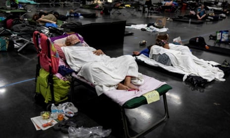 People sleep at a cooling shelter set up during an unprecedented heat wave in Portland on 27 June.