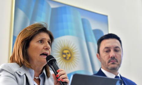 Patricia Bulrich speaks with her running mate, Luis Petri, at a press conference to explain the reasons why she supports Javier Milei in the second round of Argentina’s election.