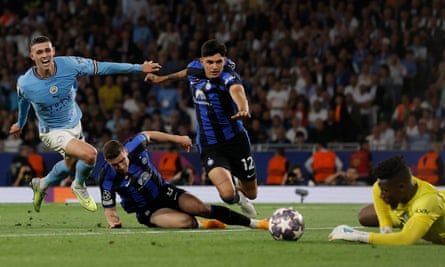Phil Foden has a shot saved by Andre Onana during the Champions League Final between Manchester City and Internazionale