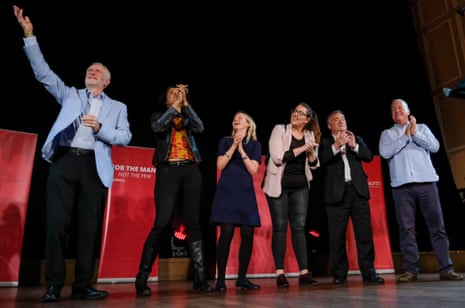 Labour party leader Jeremy Corbyn celebrates on stage after delivering a speech at a campaign rally in Newcastle upon Tyne on Saturday.