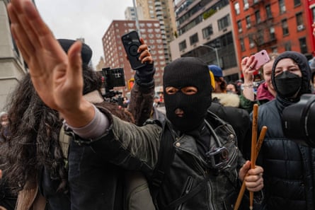 Leftwing activists demonstrate at a protest organized by the rightwing influencer Jake Lang outside of Gracie Mansion on Saturday.
