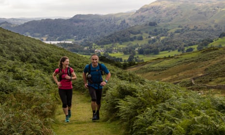Ellie Ross and guide Mark Sandamas on a fell trail in the Lake District