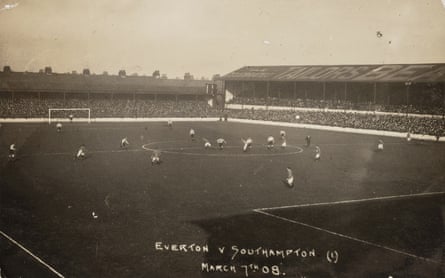 A vintage postcard showing match action during the March 1908 FA Cup quarter-final between Everton and Southampton at Goodison Park. The match ended 0-0.