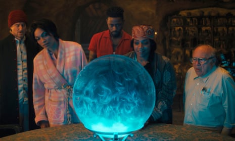 haunted mansion disney movie rating Owen Wilson, Rosario Dawson, LaKeith Stanfield, Tiffany Haddish and Danny DeVito watching a glowing supernatural apparition