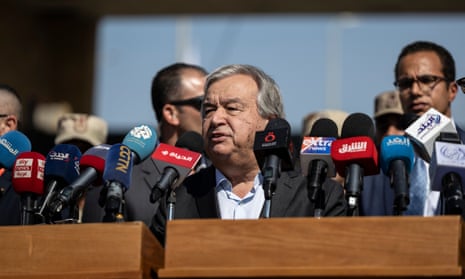Egypt Sends Aid Convoy To Gaza Border<br>NORTH SINAI, EGYPT - OCTOBER 20: Antonio Guterres Secretary-General of the United Nations speaks during a press conference in front of the Rafah border crossing on October 20, 2023 in North Sinai, Egypt. The aid convoy, organized by a group of Egyptian NGOs, set off Saturday 14th October from Cairo for the Gaza-Egypt border crossing at Rafah. On October 7th, the Palestinian militant group Hamas launched a surprise attack on border communities in southern Israel, spurring the most violent flare-up of the Israel-Palestine conflict in decades. Israel launched a vast bombing campaign in retaliation and has warned of an imminent ground invasion. (Photo by Mahmoud Khaled/Getty Images)