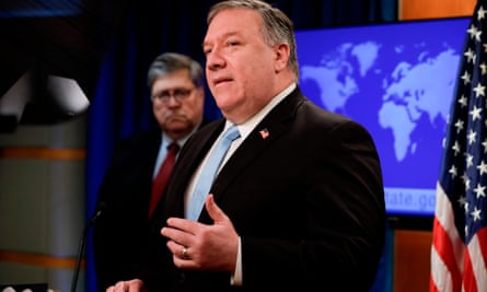 Mike Pompeo at a joint news conference on the ICC sanctions in June 2020.