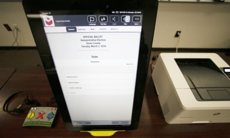 A Dominion voting machine in Georgia. Last month Dominion filed a $1.6bn defamation suit against Rupert Murdoch’s Fox News, accusing it of trying to boost ratings by amplifying the bogus claims.