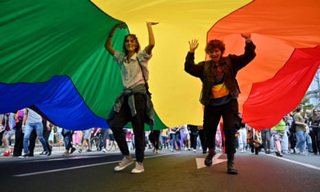 Participants in a Belgrade Pride march in September 2021