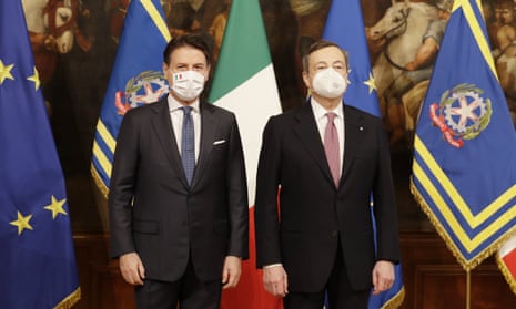 Giuseppe Conte and Mario Draghi at the handover ceremony at Chigi Palace in Rome on Saturday