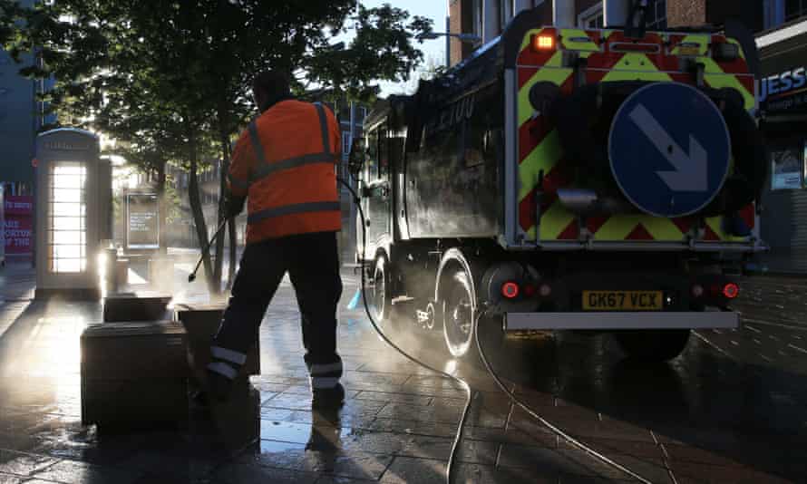 Council workers in Hull disinfect pavements and structures to guard against the transmission of coronavirus.