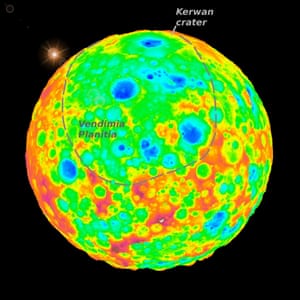 A view of Ceres’ largest well-preserved 175-mile impact crater, Kerwan. The colour-coding indicates elevation (blue = low; red = high).