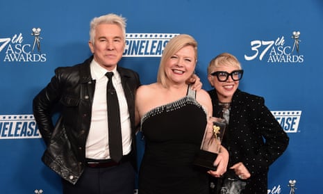 Mandy Walker with Baz Luhrmann and Catherine Martin after becoming the first woman to take top honours at the American Society of Cinematographers awards for Elvis. She’s in the running for an Oscar.