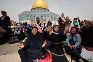People gather for the first Friday prayers at Masjid al-Aqsa mosque in Jerusalem, Israel