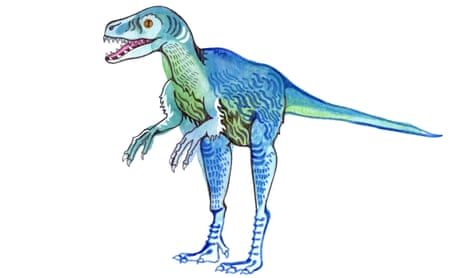 Illustration of a dinosaur like T rex, in blue and green, on a white background