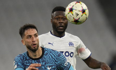 Tottenham’s Rodrigo Bentancur eyes the ball against Marseille