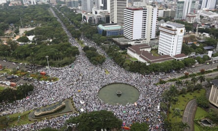 Protesters gather for a protest against minority Christian governor Basuki ‘Ahok’ Tjahaja Purnama at the main business district in Jakarta in March 2017.