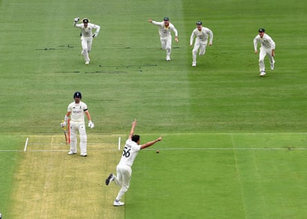 Rory Burns falls foul of Starc’s tendency to start fast in the first ball of the 2021-22 Ashes series at the Gabba.